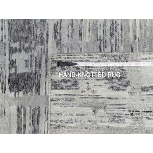 2'6"x10' Ash Gray, Hand Spun, Undyed Natural Wool, Modern Criss Cross Erased Design, Hand Knotted, Runner, Oriental Rug FWR545058