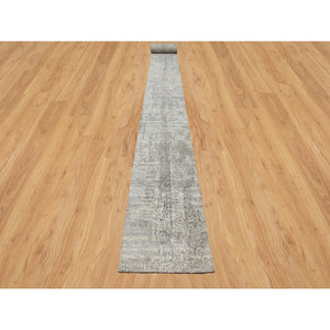 2'6"x30' Pastel Gray, Undyed Natural Wool, Hand Knotted, Modern Design, Hand Spun, Xl Runner, Oriental Rug FWR545094