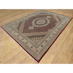 8'10"x12'4" Wine Red, 250 KPSI, Hand Knotted, Super Mahi with Large Medallion, Wool and Silk, Oriental Rug FWR545136