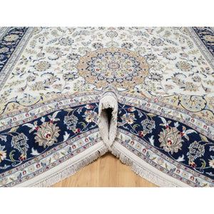 8'10"x12'2" Isabelline White, Nain with Center Medallion Flower Design, 250 KPSI, Wool and Silk, Hand Knotted, Oriental Rug FWR545184