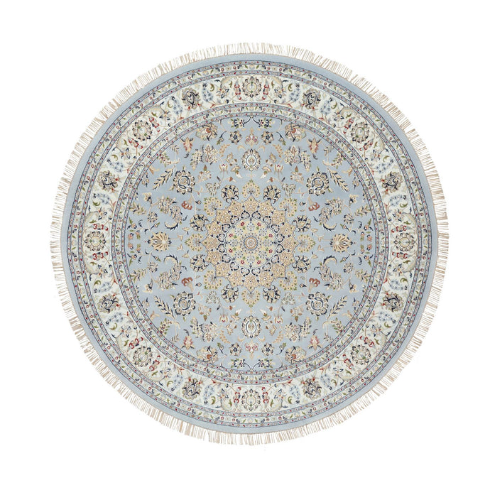9'x9' Beau Blue, Hand Knotted, Nain with Large Center Medallion, 250 KPSI, Wool and Silk, Round, Oriental Rug FWR545202
