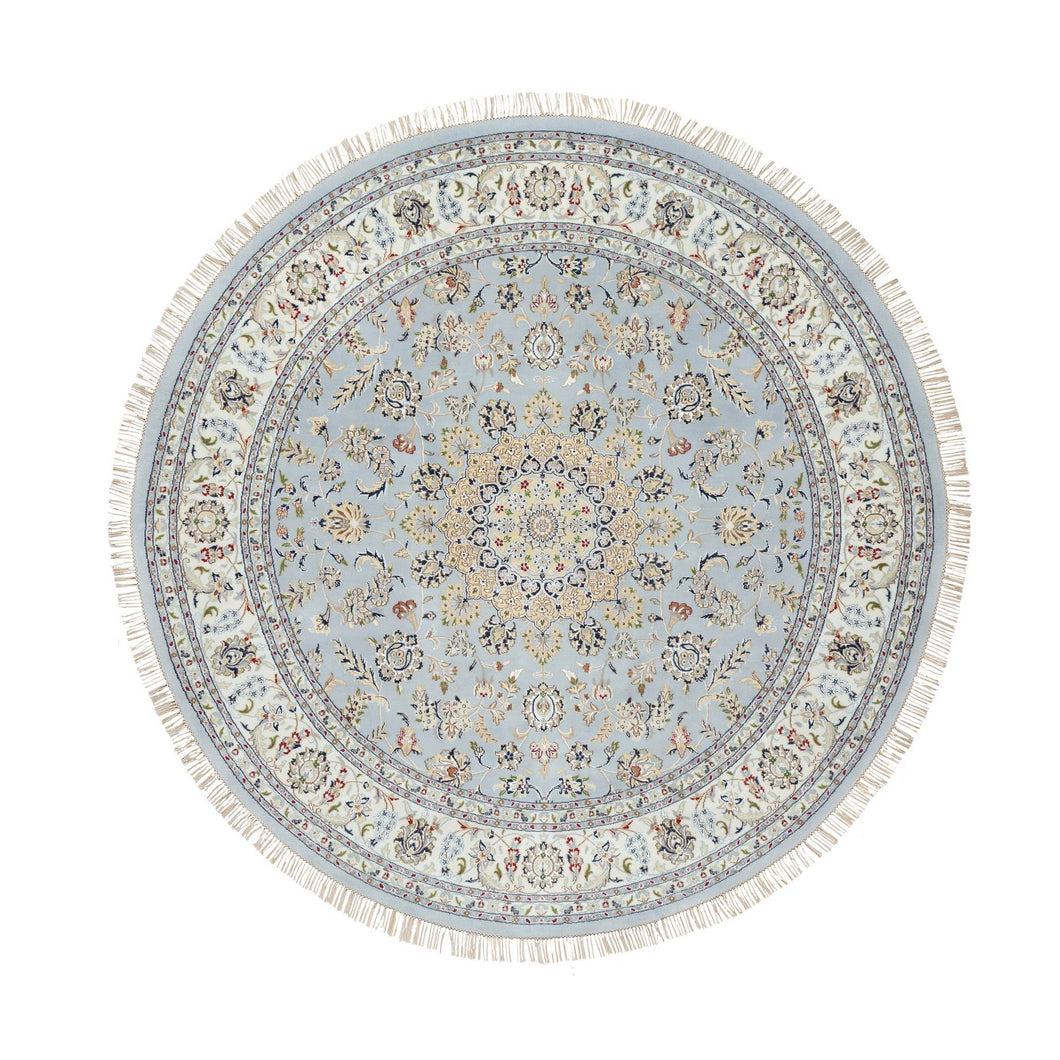 9'x9' Beau Blue, Hand Knotted, Nain with Large Center Medallion, 250 KPSI, Wool and Silk, Round, Oriental Rug FWR545202