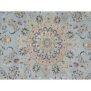 9'x9' Beau Blue, Hand Knotted, Nain with Large Center Medallion, 250 KPSI, Wool and Silk, Round, Oriental Rug FWR545202