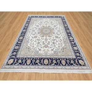 7'10"x10'1" Stone White, Nain with Center Medallion Flower Design, 250 KPSI, Super Fine Weave, Wool and Silk, Hand Knotted, Oriental Rug FWR545208