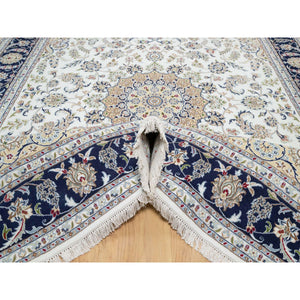 7'10"x10'1" Stone White, Nain with Center Medallion Flower Design, 250 KPSI, Super Fine Weave, Wool and Silk, Hand Knotted, Oriental Rug FWR545208
