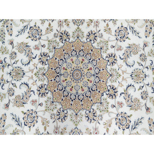 7'10"x10'1" Stone White, Nain with Center Medallion Flower Design, 250 KPSI, Super Fine Weave, Wool and Silk, Hand Knotted, Oriental Rug FWR545208