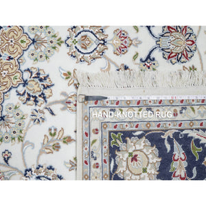 7'10"x10'1" Stone White, Nain with Center Medallion Flower Design, 250 KPSI, Super Fine Weave, Wool and Silk, Hand Knotted, Oriental Rug FWR545208