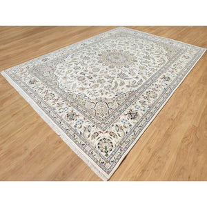 9'9"x13'9" Spring White, 250 KPSI, Nain with Center Motif Flower Design, Wool and Silk, Hand Knotted, Oriental Rug FWR545226