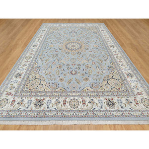 9'9"x14'3" Beau Blue, Wool and Silk, Hand Knotted, Nain with Large Center Medallion, 250 KPSI, Oriental Rug FWR545232