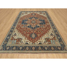 Load image into Gallery viewer, 8&#39;9&quot;x12&#39;1&quot; Ginger Red And Naval Blue, Antiqued Fine Heriz Re-creation Central Geometric Medallion, Denser Weave, Hand Knotted, Vegetable Dyes, Plush Pile, Natural Wool, Oriental Rug FWR545568
