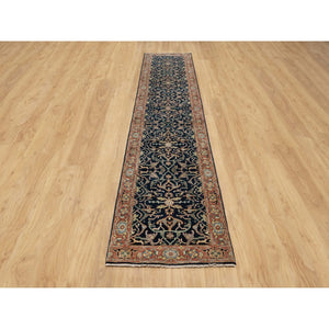 2'8"x12'1" Caviar Blue, Natural Dyes All Wool, Antiqued Fine Heriz Re-Creation, Hand Knotted All Over Vines Design, Denser Weave, Runner Oriental Rug FWR545592