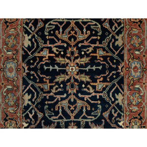 2'8"x12'1" Caviar Blue, Natural Dyes All Wool, Antiqued Fine Heriz Re-Creation, Hand Knotted All Over Vines Design, Denser Weave, Runner Oriental Rug FWR545592