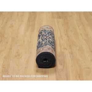 2'8"x12'1" Caviar Blue, Natural Dyes All Wool, Antiqued Fine Heriz Re-Creation, Hand Knotted All Over Vines Design, Denser Weave, Runner Oriental Rug FWR545592