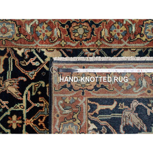 2'8"x12'1" Caviar Blue, Natural Dyes All Wool, Antiqued Fine Heriz Re-Creation, Hand Knotted All Over Vines Design, Denser Weave, Runner Oriental Rug FWR545592