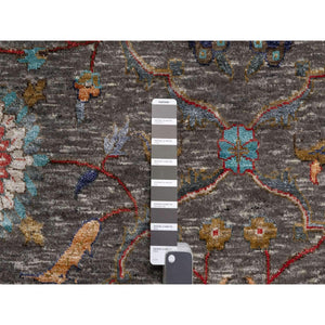 9'x12'1" Brunette Brown, Persian Scrolls Leaf and Flower Design, Hand Knotted Striae Pattern, Silk with Textured Wool, Oriental Rug FWR545646