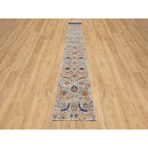 2'7"x23'10" Eggnog White, Silk With Textured Wool, Hand Knotted Sickle Leaf Design, Soft and Plush, Hand Knotted Oriental XL Runner Rug FWR545658