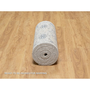 2'7"x25'9" Pristine White, Hand Knotted, Borderless Sickle Leaf Design, Soft Pile Silk With Textured Wool, XL Runner Oriental Rug FWR545664