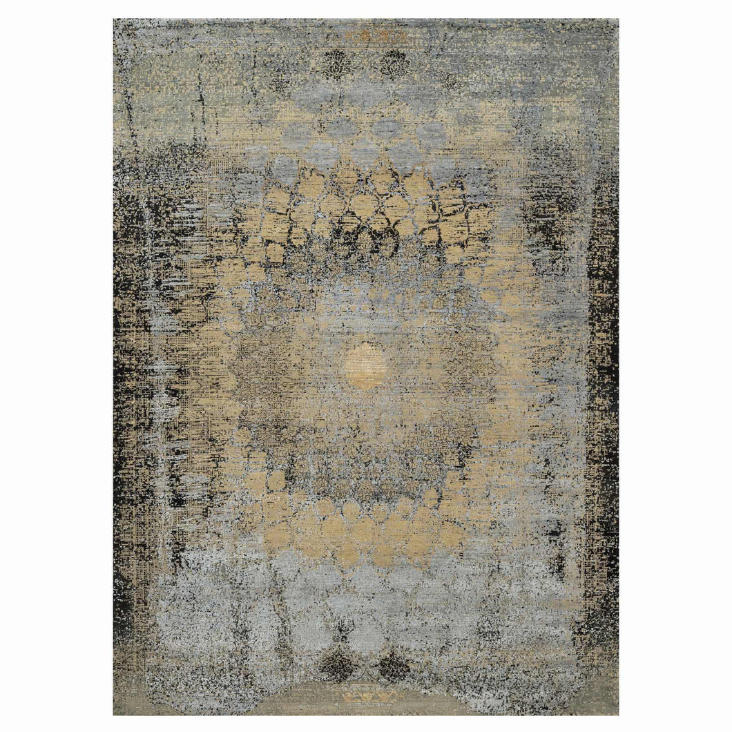 10'x14' Ecru Brown, Broken and Erased Persian Goombad Design, Hand Knotted Wool and Silk Oxidized, Oriental Rug FWR545676