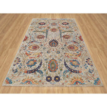 Load image into Gallery viewer, 6&#39;3&quot;x9&#39;1&quot; Cosmic Latte White, Soft And Plush Pile, Hand Knotted With Sickle Leaf Design, Silk With Textured Wool, Oriental Rug FWR545682