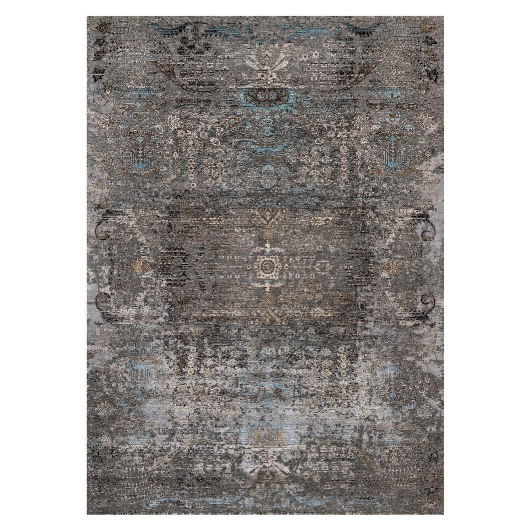 10'x14' Charcoal Gray, Transitional Persian Influence Erased Medallion Design, Borderless, Silk with Textured Wool, Hand Knotted Oriental Rug FWR545724
