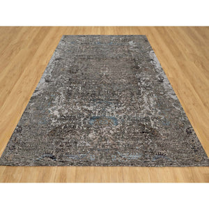 8'x9'10" Intense Gray, Hand Knotted, Transitional Persian Influence Erased Medallion Design, Silk with Textured Wool, Oriental Rug FWR545730