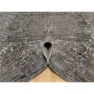 8'x9'10" Intense Gray, Hand Knotted, Transitional Persian Influence Erased Medallion Design, Silk with Textured Wool, Oriental Rug FWR545730