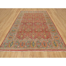 Load image into Gallery viewer, 9&#39;x11&#39;10&quot; Rythmic Red With Desaturated Green, Antiqued Oushak Reimagined, Sheared Low, 100% Wool, Hand Knotted Repetitive Star and Rosette Design Oriental Rug FWR545742