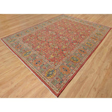 Load image into Gallery viewer, 9&#39;x11&#39;10&quot; Rythmic Red With Desaturated Green, Antiqued Oushak Reimagined, Sheared Low, 100% Wool, Hand Knotted Repetitive Star and Rosette Design Oriental Rug FWR545742