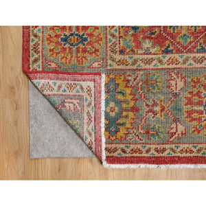 9'x11'10" Rythmic Red With Desaturated Green, Antiqued Oushak Reimagined, Sheared Low, 100% Wool, Hand Knotted Repetitive Star and Rosette Design Oriental Rug FWR545742