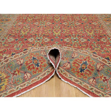 Load image into Gallery viewer, 9&#39;x11&#39;10&quot; Rythmic Red With Desaturated Green, Antiqued Oushak Reimagined, Sheared Low, 100% Wool, Hand Knotted Repetitive Star and Rosette Design Oriental Rug FWR545742