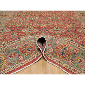 9'x11'10" Rythmic Red With Desaturated Green, Antiqued Oushak Reimagined, Sheared Low, 100% Wool, Hand Knotted Repetitive Star and Rosette Design Oriental Rug FWR545742