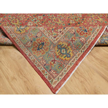 Load image into Gallery viewer, 9&#39;x11&#39;10&quot; Rythmic Red With Desaturated Green, Antiqued Oushak Reimagined, Sheared Low, 100% Wool, Hand Knotted Repetitive Star and Rosette Design Oriental Rug FWR545742