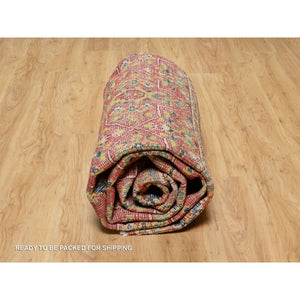 9'x11'10" Rythmic Red With Desaturated Green, Antiqued Oushak Reimagined, Sheared Low, 100% Wool, Hand Knotted Repetitive Star and Rosette Design Oriental Rug FWR545742