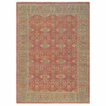 Load image into Gallery viewer, 10&#39;x13&#39;9&quot; Emboldened Red With Green Border, Hand Knotted Antiqued Oushak Reimagined With Repetitive Star and Rosette Design, Natural Wool, Sheared Low, Oriental Rug FWR545760