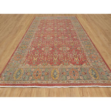 Load image into Gallery viewer, 10&#39;x13&#39;9&quot; Emboldened Red With Green Border, Hand Knotted Antiqued Oushak Reimagined With Repetitive Star and Rosette Design, Natural Wool, Sheared Low, Oriental Rug FWR545760