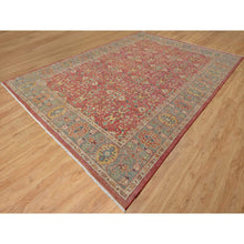 Load image into Gallery viewer, 10&#39;x13&#39;9&quot; Emboldened Red With Green Border, Hand Knotted Antiqued Oushak Reimagined With Repetitive Star and Rosette Design, Natural Wool, Sheared Low, Oriental Rug FWR545760
