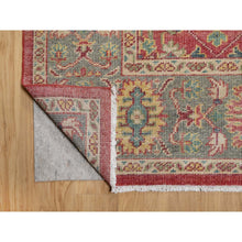 Load image into Gallery viewer, 10&#39;x13&#39;9&quot; Emboldened Red With Green Border, Hand Knotted Antiqued Oushak Reimagined With Repetitive Star and Rosette Design, Natural Wool, Sheared Low, Oriental Rug FWR545760