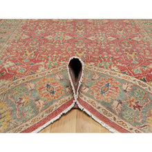 Load image into Gallery viewer, 10&#39;x13&#39;9&quot; Emboldened Red With Green Border, Hand Knotted Antiqued Oushak Reimagined With Repetitive Star and Rosette Design, Natural Wool, Sheared Low, Oriental Rug FWR545760