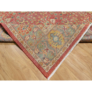 10'x13'9" Emboldened Red With Green Border, Hand Knotted Antiqued Oushak Reimagined With Repetitive Star and Rosette Design, Natural Wool, Sheared Low, Oriental Rug FWR545760