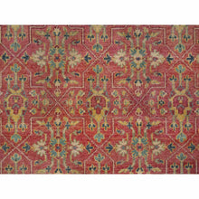 Load image into Gallery viewer, 10&#39;x13&#39;9&quot; Emboldened Red With Green Border, Hand Knotted Antiqued Oushak Reimagined With Repetitive Star and Rosette Design, Natural Wool, Sheared Low, Oriental Rug FWR545760