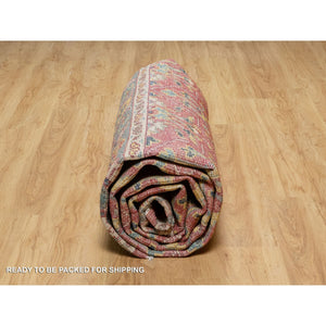 10'x13'9" Emboldened Red With Green Border, Hand Knotted Antiqued Oushak Reimagined With Repetitive Star and Rosette Design, Natural Wool, Sheared Low, Oriental Rug FWR545760