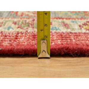 10'x13'9" Emboldened Red With Green Border, Hand Knotted Antiqued Oushak Reimagined With Repetitive Star and Rosette Design, Natural Wool, Sheared Low, Oriental Rug FWR545760