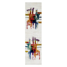 Load image into Gallery viewer, 2&#39;6&quot;x9&#39;10&quot; Jet Stream White, Colorful Modern Abstract Motifs Design With Painter&#39;s Brush Strokes, Hand Knotted, Wool and Sari Silk, Runner Oriental Rug FWR545766