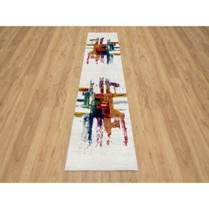 2'6"x9'10" Jet Stream White, Colorful Modern Abstract Motifs Design With Painter's Brush Strokes, Hand Knotted, Wool and Sari Silk, Runner Oriental Rug FWR545766