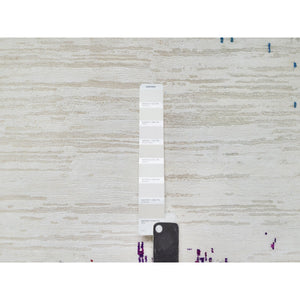 2'6"x9'10" Jet Stream White, Colorful Modern Abstract Motifs Design With Painter's Brush Strokes, Hand Knotted, Wool and Sari Silk, Runner Oriental Rug FWR545766