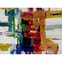 Load image into Gallery viewer, 2&#39;6&quot;x9&#39;10&quot; Jet Stream White, Colorful Modern Abstract Motifs Design With Painter&#39;s Brush Strokes, Hand Knotted, Wool And Sari Silk, Runner Oriental Rug FWR545766