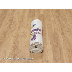 2'6"x9'10" Jet Stream White, Colorful Modern Abstract Motifs Design With Painter's Brush Strokes, Hand Knotted, Wool and Sari Silk, Runner Oriental Rug FWR545766