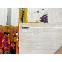 Load image into Gallery viewer, 2&#39;6&quot;x9&#39;10&quot; Jet Stream White, Colorful Modern Abstract Motifs Design With Painter&#39;s Brush Strokes, Hand Knotted, Wool and Sari Silk, Runner Oriental Rug FWR545766