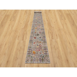 2'7"x22' Lacy Pearl White, All Over Directional Vase Design, Hand Knotted, Silk with Textured Wool, XL Runner Oriental Rug FWR545784