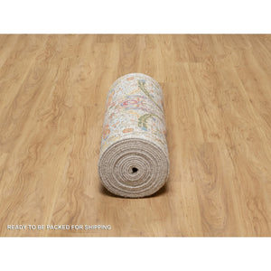 2'6"x27'7" Promenade White, Silk With Textured Wool, Sickle Leaf Design, Hand Knotted, Soft Pile, XL Runner Oriental Rug FWR545790